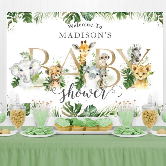 緑のジャングル動物の赤ちゃんシャワーへようこそ 横断幕