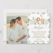 緑のジャングル動物ベビーシャワー誕生日写真 サンキューカード (正面)