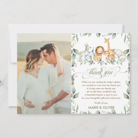 緑のジャングル動物ベビーシャワー誕生日写真 サンキューカード (正面)