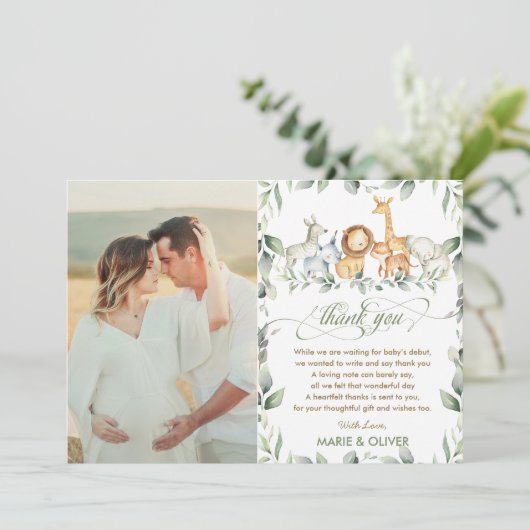 緑のジャングル動物ベビーシャワー誕生日写真 サンキューカード (スタンド正面)