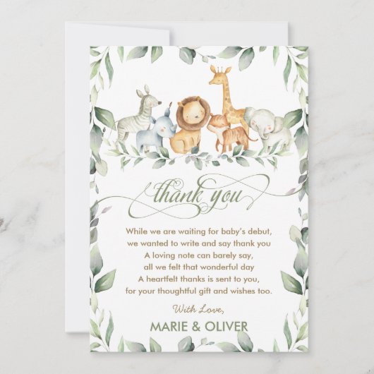 緑のジャングル動物ベビーシャワー誕生日Th サンキューカード (正面)