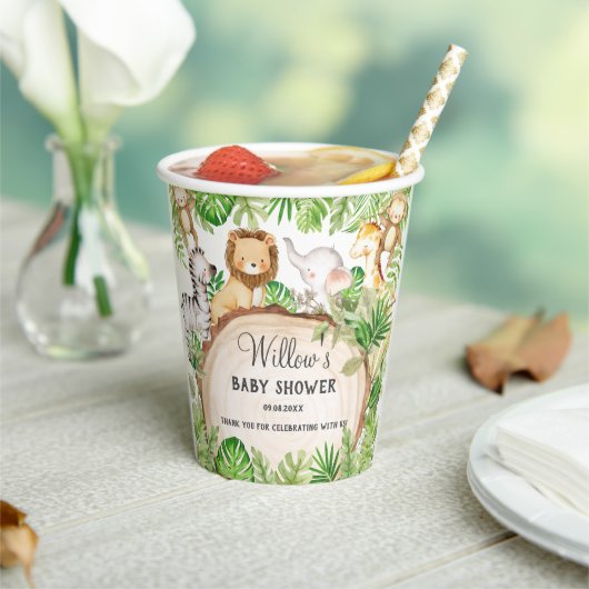 緑のジャングル動物ベビーシャワー1st誕生日 紙コップ (インサイチュ)