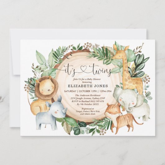 緑のジャングル素朴サファリツインズベビーシャワー 招待状 (正面)
