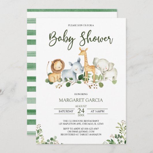 緑のジャン男女兼用グルサファリのベビーシャワー 招待状 (正面/裏面)