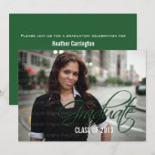 緑のスエレガントクリプト写真卒業招待状 招待状 (正面/裏面)