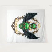 緑のスカルで黒い翼とフローラの冠が入る タペストリー (正面(横))