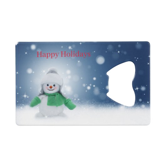 緑のスカーフをした雪だるま クレジットカード栓抜き (正面(横))