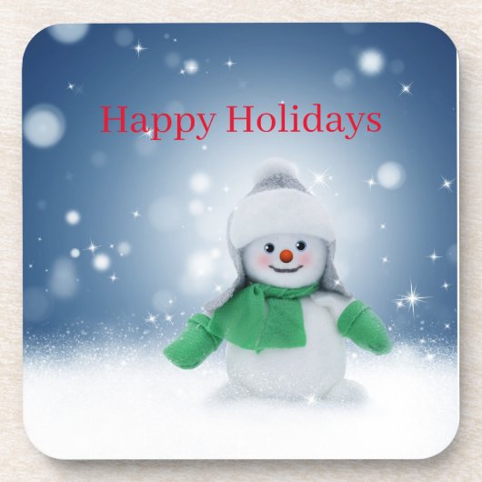 緑のスカーフをした雪だるま コースター (正面)