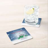 緑のスカーフをした雪だるま スクエアペーパーコースター (インサイチュ)