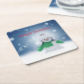 緑のスカーフをした雪だるま スクエアペーパーコースター (アングル)
