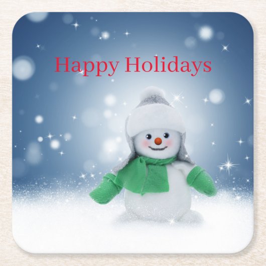 緑のスカーフをした雪だるま スクエアペーパーコースター (正面)
