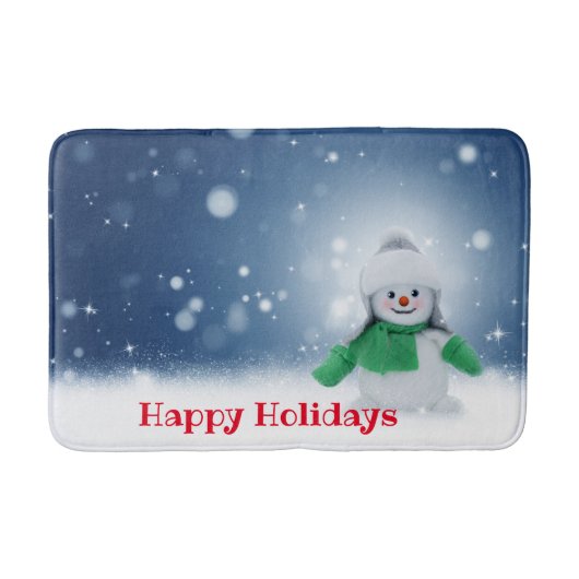 緑のスカーフをした雪だるま バスマット (正面)