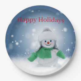 緑のスカーフをした雪だるま ペーパープレート