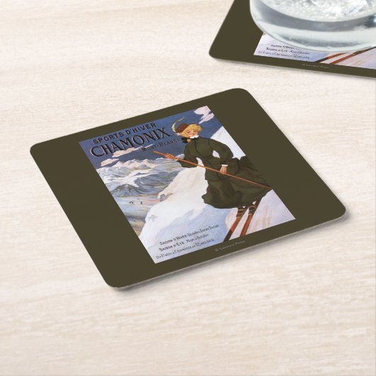 緑のスキーポスターの女性 スクエアペーパーコースター (アングル)
