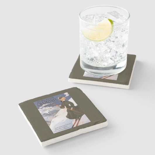 緑のスキーポスターの女性 ストーンコースター (横)