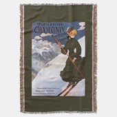 緑のスキーポスターの女性 スローブランケット (正面縦)