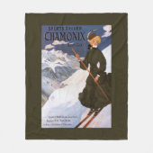 緑のスキーポスターの女性 フリースブランケット (正面)