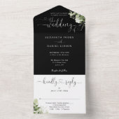 緑のスクリプトハート白黒結婚の オールインワン招待状 (内側)