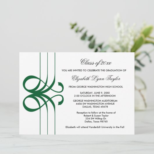 緑のスクロールエッジの卒業発表 招待状 (スタンド正面)