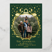 緑のスタイリッシュなクリスマスの葉の装飾の写真 箔シーズンカード (正面)