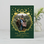 緑のスタイリッシュなクリスマスの葉の装飾の写真 箔シーズンカード (立ち正面)