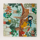 緑のスタイリッシュ女の子の熱帯性ヒョウのジャングルフローラ ジグソーパズル (横)