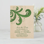 緑のスタイリッシュ渦巻き旋回の日付保存招待状 セーブザデート (スタンド正面)