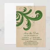 緑のスタイリッシュ渦巻き旋回の日付保存招待状 セーブザデート (正面/裏面)