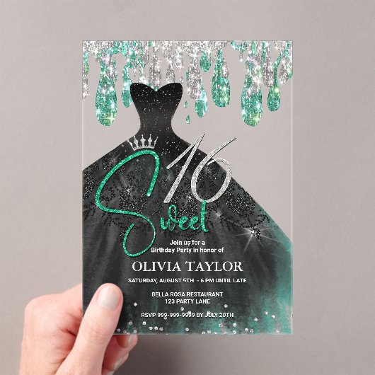緑のスタイリッシュ黒いドレス甘い16モノグラム アクリル招待状 (インサイチュ (ポータブル))
