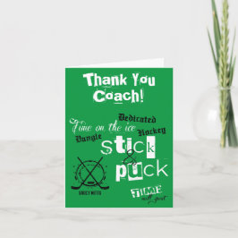 緑のスティックアンドプックタイムに感謝するホッケーコーチ サンキューカード