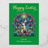 緑のステンドグラスエレガントバニーガーデナーイースター 箔シーズンカード (正面)