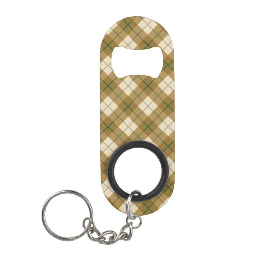 緑のストライプとの金ゴールドのバイアス格子縞 キーホルダー栓抜き (正面)