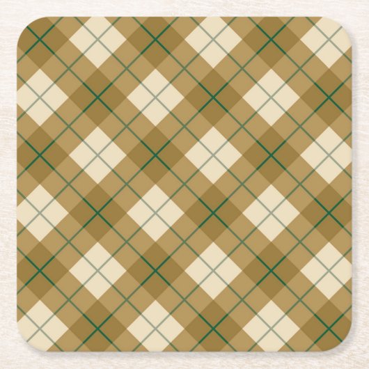 緑のストライプとの金ゴールドのバイアス格子縞 スクエアペーパーコースター (正面)