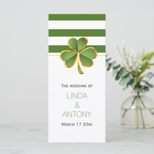 緑のストライプとクローバーのアイルランドの結婚式プログラム プログラム (スタンド正面)