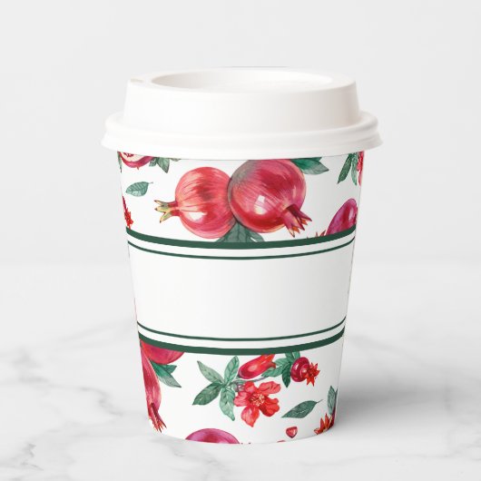 緑のストライプと赤のザクロのカスタマイズ 紙コップ (裏面)