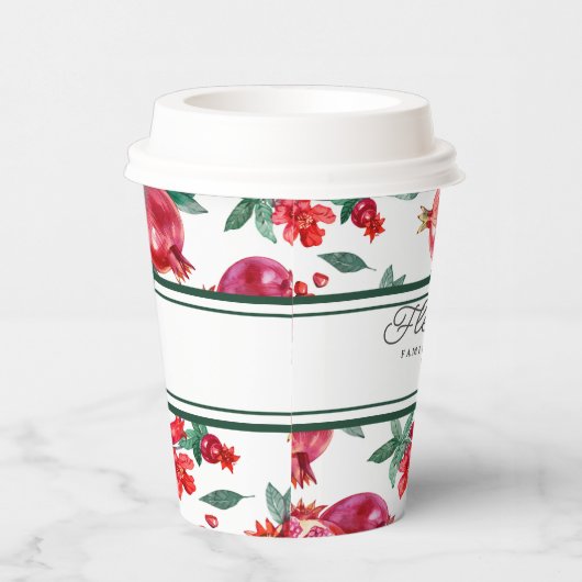 緑のストライプと赤のザクロのカスタマイズ 紙コップ (右)