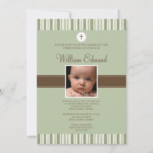 緑のストライプな写真の招待状に洗礼を施すこと 招待状 (正面)