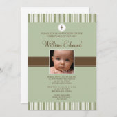 緑のストライプな写真の招待状に洗礼を施すこと 招待状 (正面/裏面)