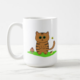 緑のストライプの草地のかわいいオレンジキャット コーヒーマグカップ
