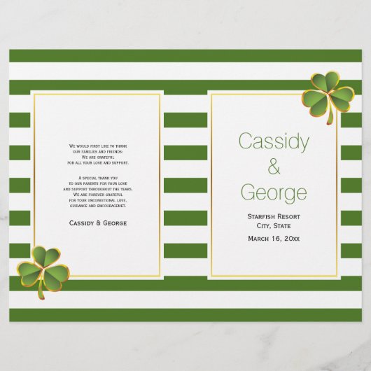 緑のストライプクローバーはアイルランドの結婚式のプログラムを折った (正面)