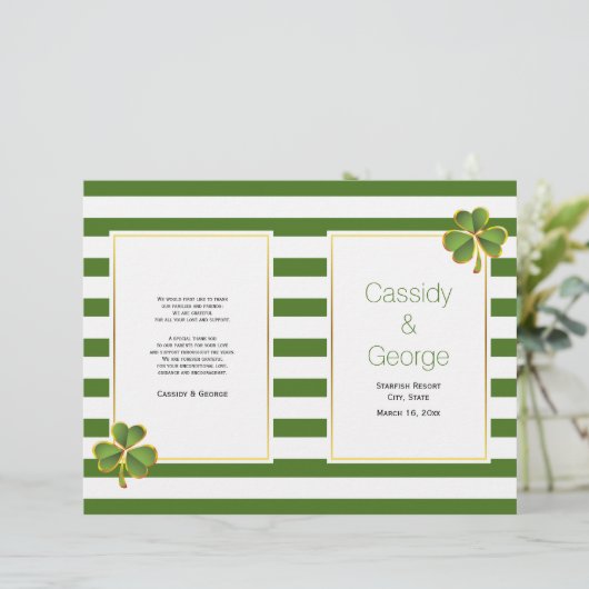 緑のストライプクローバーはアイルランドの結婚式のプログラムを折った (スタンド正面)