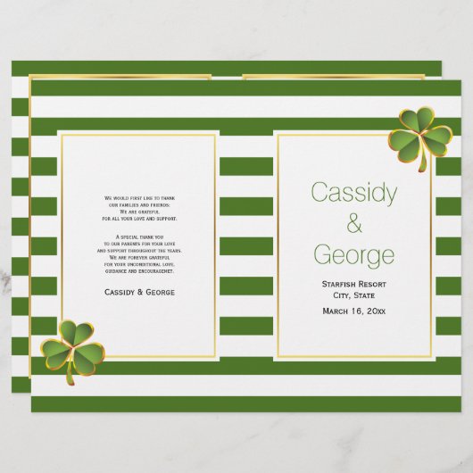 緑のストライプクローバーはアイルランドの結婚式のプログラムを折った (正面/裏面)