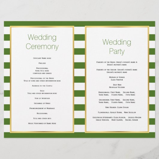 緑のストライプクローバーはアイルランドの結婚式のプログラムを折った (裏面)