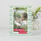 緑のストライプバナーと赤いバナー写真クリスマスカード 招待状 (スタンド正面)