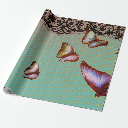 緑のストライプレースと蝶の色あせた ラッピングペーパー (アンロールド)
