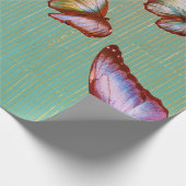 緑のストライプレースと蝶の色あせた ラッピングペーパー (角)