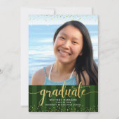 緑のストライプ卒業写真金ゴールドグリッタースクリプト 案内状 (正面)