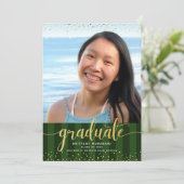 緑のストライプ卒業写真金ゴールドグリッタースクリプト 案内状 (スタンド正面)