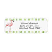 緑のストライプ ピンクのフラミンゴ ビーチ ブライダルシャワー ラベル (正面)