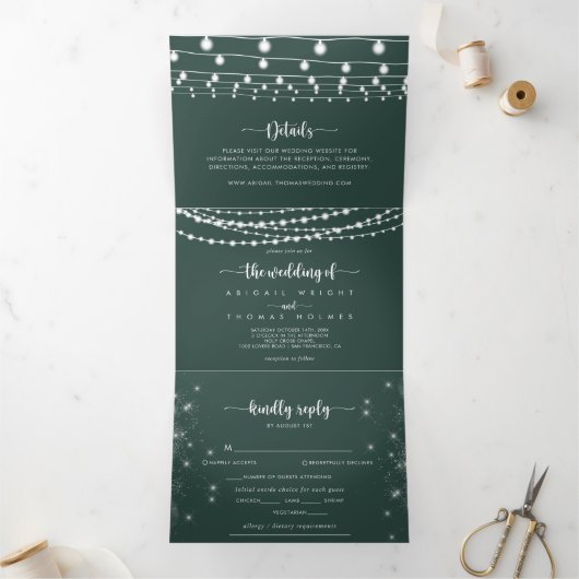 緑のストリ素朴ングライトの三つ折り結婚の 三つ折り招待状 (内部)